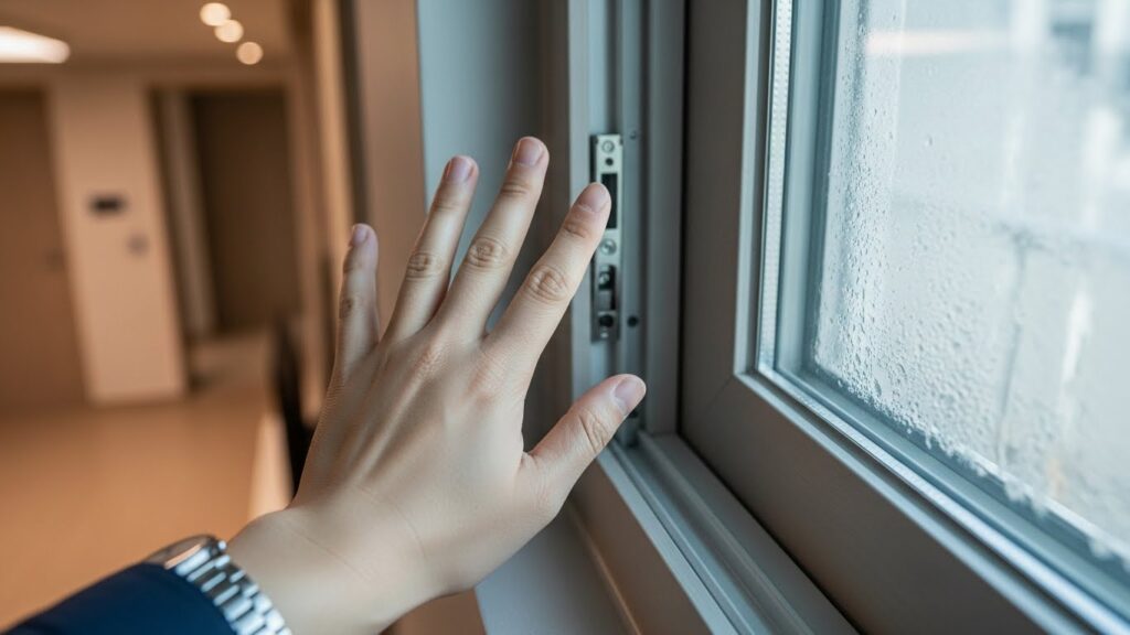 창문과 외벽 모서리 위주로 집 안 냉기 집중 구간을 손으로 확인하는 모습