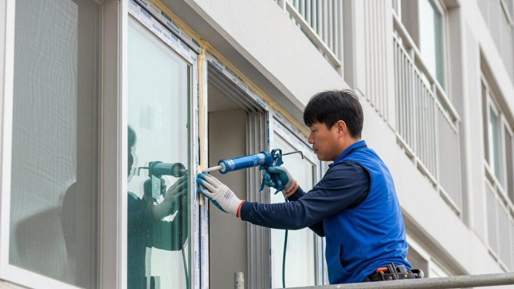 하단 보강 후 결로가 줄어 깨끗해진 창문 아래쪽 모습 실사 이미지
